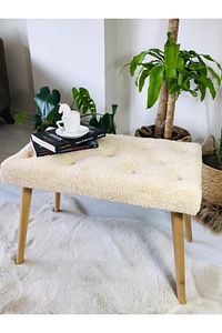 Gürgen Retro Ahşap Ayaklı Handmade Krem Pofidik Puf Bench Koltuk Sandalye ürün fotoğrafı
