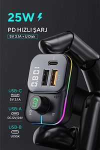 Sl-bt501 25w Pd Hızlı Şarj Bluetooth 5.0 Rainbow Işıklı Led Ekran Tf Kart+usb Fm Transmitter ürün fotoğrafı