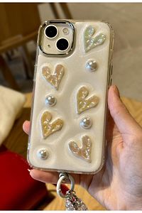 iPhone 13 Uyumlu Lux Işıltılı İnci Charmlı Kalpli Kılıf ürün fotoğrafı