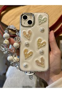 iPhone 13 Uyumlu Lux Işıltılı İnci Charmlı Kalpli Kılıf ürün fotoğrafı