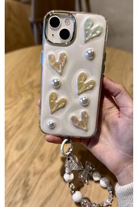 iPhone 13 Uyumlu Lux Işıltılı İnci Charmlı Kalpli Kılıf ürün fotoğrafı
