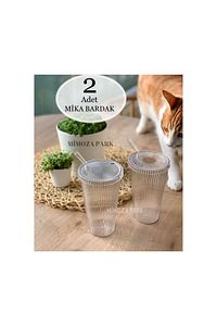 MİKA 2 Adet 600 Ml Mika Kapaklı Pipetli Origami Stil Mika Bardak | Sunum Bardağı Meşrubat Bardağı ürün fotoğrafı