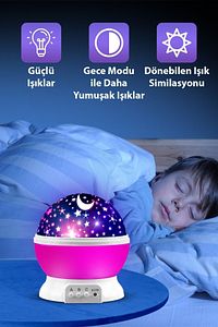 Ay ve Yıldızlı Gökyüzü Yansıtmalı Dönen Projeksiyon Gece Lambası- Çocuk Bebek Odası Pembe ürün fotoğrafı