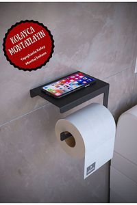 Metal Modern Telefon, Aksesuar Raflı Tuvalet Wc Kağıtlık Peçete Askısı Siyah ürün fotoğrafı