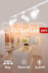 Spot Işık 3'lü Set Beyaz Led Işıklı Beyaz Kasa 30w 1 Metre Raylı 3 Adet Ray Spot Lamba Armatür ürün fotoğrafı