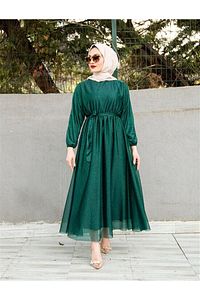 Simli Belden Kuşaklı Zümrüt Yeşili Tesettür Abiye Elbise ürün fotoğrafı