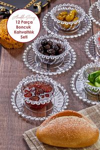Şeffaf Akrilik 12 Parça Boncuk Kahvaltılık Seti Şekerlik Sosluk Reçellik Seti Çay Bardağı Altığı ürün fotoğrafı