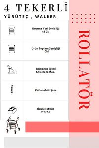 Rolatör 4 Tekerli Yürüteç | Rollatör | Lüx Oturaklı ürün fotoğrafı