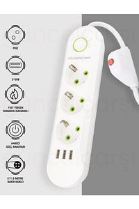 Akım Korumalı Priz, 3'lü Çoklu Priz, 3 Usb, 1.5 Mt Kablo, Grup Priz, Usb Li Priz ürün fotoğrafı
