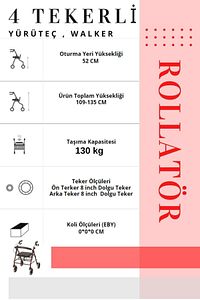 Rolatör 4 Tekerli Yürüteç | Rollatör | Lüx Oturaklı ürün fotoğrafı