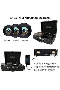 T310ch Pikap Plak Çalar- Siyah - Şarj Edilebilir - 33, 45, 78 Devir - Universal Iğneli ürün fotoğrafı