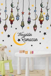Hoşgeldin Ramazan Renkli Fener Sarkıt Cam Duvar Dekorasyon Sticker Seti ürün fotoğrafı