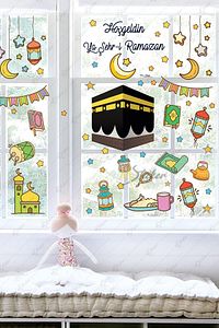 Ramazan Ayı Temalı Süsleme, Kabe Ve Ramazan Figürleri Cam Duvar Sticker Seti R5 ürün fotoğrafı
