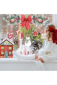 Yılbaşı Fiyonk Ev Ve Kardan Adam Bebek Çocuk Odası Sticker Seti - Şeffaf Yılbaşı Süsü ürün fotoğrafı