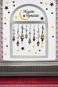 Hoşgeldin Ramazan Renkli Fener Sarkıt Cam Duvar Dekorasyon Sticker Seti ürün fotoğrafı