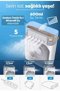 Smart Taşınabilir Işıklı 5 Spreyli Vantilatör Buzlu Buharlı Vantilatör Mini Fan Nemlendirici ürün fotoğrafı