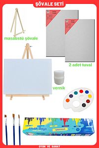 Resim Boya Seti - Mini Masa Şövalesi, 2 Tuval, Resim Verniği, Akrilik Boya Palet, (MASAÜSTÜ ŞÖVALYE) ürün fotoğrafı