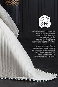 Ponponlu Çift Kişilik Düz Sade %100 Pamuklu Yatak Örtüsü ( Pike ) Takımı Çizgili Beyaz ürün fotoğrafı