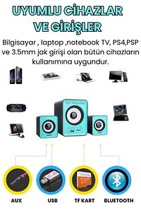 Bluetooth Hoparlör 3.5mm Jack Kablolu Bilgisayar Hoparlörü Müzik 2+1 Ses Sistemi Radyolu Usb Speaker ürün fotoğrafı