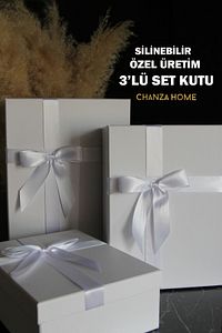 Beyaz 3'lü Takım Dikdörgen Kutu Kurdeleli Beyaz Sert Hediye Kutusu Damat Gelin Çeyiz Bohça Kutusu ürün fotoğrafı