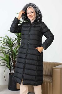 Siyah Kapüşonlu Fermuarlı Şişme Mont ürün fotoğrafı