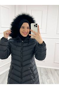 Esra Sıcacık Tutacak Kadın Tam Dolum Elyaf Şişme Mont -siyah ürün fotoğrafı