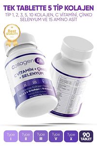 5 Tip Kolajen Tip 1, Tip 2, Tip 3, Tip 5 ,tip 10, ( Selenyum , C Vitamini Ve Çinko ) 90 Tablet ürün fotoğrafı