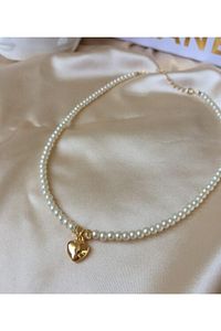 Incili Gold Kalp Uçlu Kolye ürün fotoğrafı