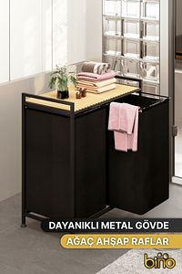 Çamaşır Sepeti Kirli Sepeti Ahşap Banyo Dolabı Büyük Boy Geniş 2 Bölmeli Kumaş Kirli Sepeti ürün fotoğrafı