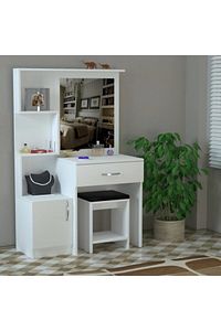 Ae-4002 Novella Puflu Aynalı Makyaj Masası, Dolaplı, Çekmeceli, Raflı, Beyaz, Minderli, Tuvalet ürün fotoğrafı