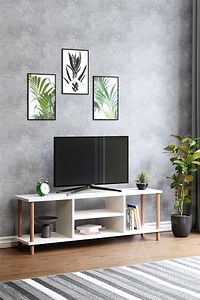 Tv Sehpası Raflı Tv Ünitesi Televizyon Sehpası Ahşap Ayaklı - Beyaz ürün fotoğrafı