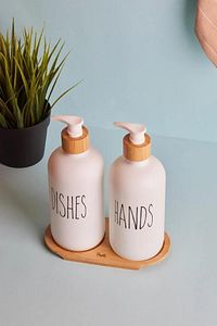 Lotion 2’li Beyaz Mutfak Sıvı Sabunluk Seti 500ml+500ml Bambu Tepsili ürün fotoğrafı