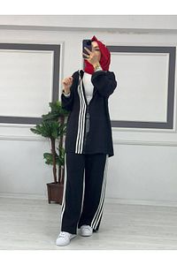 Çubuklu Kapüşon Detaylı Tesettür Takım Siyah ürün fotoğrafı