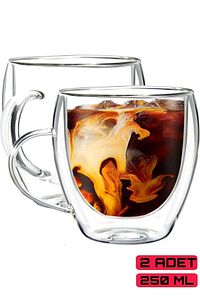 Main 2 Adet 250 ml Çift Cidarlı Kulplu Cam Çay Kahve Süt Kupa Borosilikat Bardak ürün fotoğrafı
