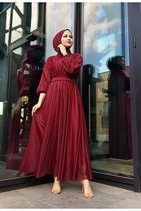 Simli Belden Kuşaklı Bordo Tesettür Abiye Elbise ürün fotoğrafı