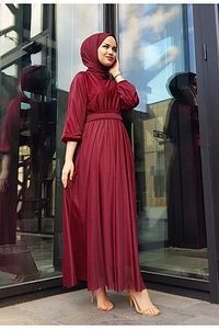 Simli Belden Kuşaklı Bordo Tesettür Abiye Elbise ürün fotoğrafı