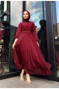 Simli Belden Kuşaklı Bordo Tesettür Abiye Elbise ürün fotoğrafı