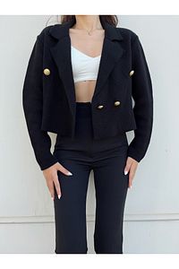 Kadın Altın Düğmeli Triko Crop Hırka Siyah Blazer Ceket ürün fotoğrafı