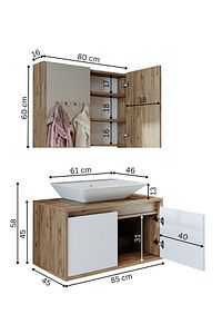 Tm7.2 Ayaksız 2 Kapaklı Lavabolu Ahşap-mat Beyaz Mdf 85 Cm Banyo Dolabı+aynalı Üst Dolabı ürün fotoğrafı