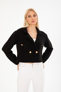 Kadın Altın Düğmeli Triko Crop Hırka Siyah Blazer Ceket ürün fotoğrafı