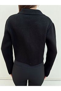 Kadın Altın Düğmeli Triko Crop Hırka Siyah Blazer Ceket ürün fotoğrafı