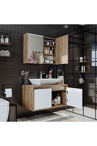 Tm7.2 Ayaksız 2 Kapaklı Lavabolu Ahşap-mat Beyaz Mdf 85 Cm Banyo Dolabı+aynalı Üst Dolabı ürün fotoğrafı