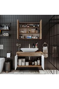 Tm7.2 Ayaksız 2 Kapaklı Lavabolu Ahşap-mat Beyaz Mdf 85 Cm Banyo Dolabı+aynalı Üst Dolabı ürün fotoğrafı