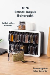 1041 Standlı 12 Li Kendinden Yapışkanlı Kaşıklı Kapaklı Baharatlık Takımı-etiketli Baharatlık-siyah ürün fotoğrafı