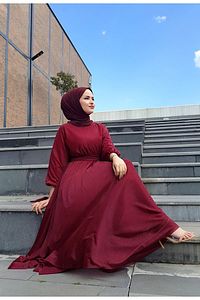 Simli Belden Kuşaklı Bordo Tesettür Abiye Elbise ürün fotoğrafı