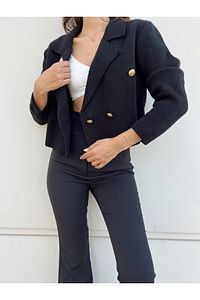 Kadın Altın Düğmeli Triko Crop Hırka Siyah Blazer Ceket ürün fotoğrafı