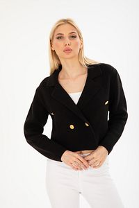 Kadın Altın Düğmeli Triko Crop Hırka Siyah Blazer Ceket ürün fotoğrafı