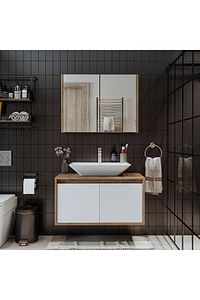Tm7.2 Ayaksız 2 Kapaklı Lavabolu Ahşap-mat Beyaz Mdf 85 Cm Banyo Dolabı+aynalı Üst Dolabı ürün fotoğrafı