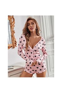 Ev Giyim Düğmeli Tulum - Gecelik / Pijama Mini Kalp Desenli Pembe Renk ürün fotoğrafı
