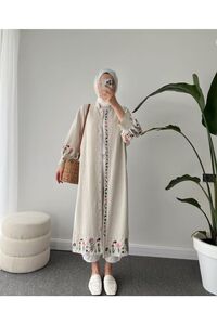 Nakış Işlemeli Tesettür Kimono Elbise Bej Keten ürün fotoğrafı